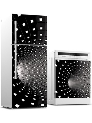 Sticker Art Buzdolabı ve Bulaşık Makinası Beyaz Eşya Sticker Kaplama 3D Tünel Kareler