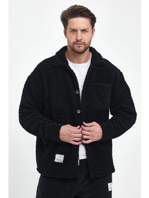 The Rule Erkek Siyah Peluş Oversize Fit Gömlek Yaka Kışlık Rahat Tek Cepli Ceket RF0457