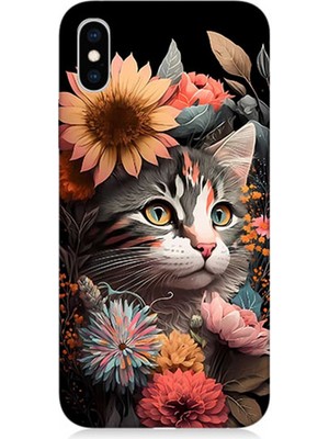 Karizma Tablo Apple iPhone Xs Max Uyumlu Silikon Kılıf Çiçekler ve Kül Gri Kedi