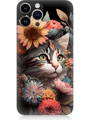 Karizma Tablo Apple iPhone 13 Pro Max Uyumlu Silikon Kılıf Çiçekler ve Kül Gri Kedi