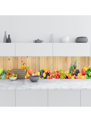 Sticker Art Mutfak Tezgah Arası Folyo Fayans Kaplama Folyosu Sebze Meyve Ahşap 60X400 cm