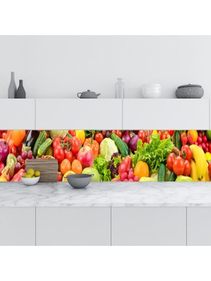 Sticker Art Mutfak Tezgah Arası Folyo Fayans Kaplama Folyosu Taze Meyve Sebze Kolaj 60X100 cm