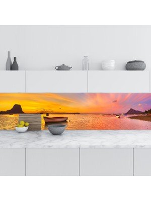 Sticker Art Mutfak Tezgah Arası Folyo Fayans Kaplama Folyosu Gün Batımı Tekne 60X500 cm