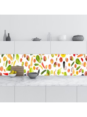 Sticker Art Mutfak Tezgah Arası Folyo Fayans Kaplama Folyosu Sebze Meyve Kolaj Yatay 60X100 cm