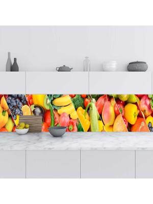 Sticker Art Mutfak Tezgah Arası Folyo Fayans Kaplama Folyosu Sebze Meyve Kolaj 60X200 cm