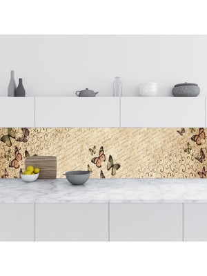 Sticker Art Mutfak Tezgah Arası Folyo Fayans Kaplama Folyosu Vintage Kelebek 60X500 cm