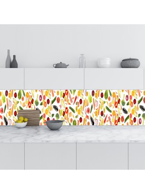 Sticker Art Mutfak Tezgah Arası Folyo Fayans Kaplama Folyosu Sebze Meyveler Kolaj 60X500 cm