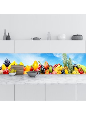 Sticker Art Mutfak Tezgah Arası Folyo Fayans Kaplama Folyosu Sebze Meyve Mavi Gökyüzü 60X200 cm