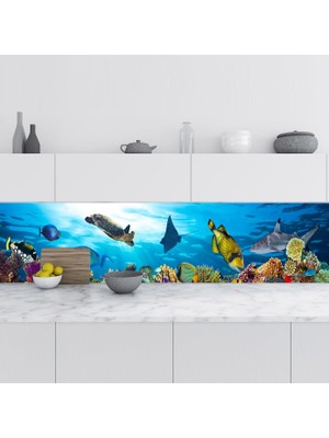 Sticker Art Mutfak Tezgah Arası Folyo Fayans Kaplama Folyosu Deniz Kaplumbağa 60X400 cm