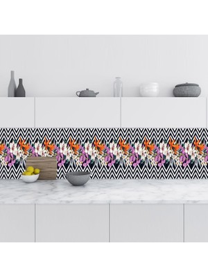 Sticker Art Mutfak Tezgah Arası Folyo Fayans Kaplama Folyosu Çizim Çiçekler 60X500 cm
