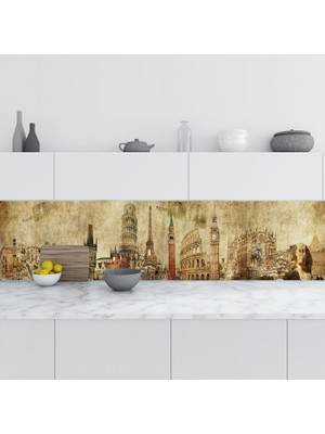 Sticker Art Mutfak Tezgah Arası Folyo Fayans Kaplama Folyosu Mimari Kolaj 60X200 cm