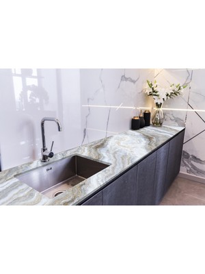 Sticker Art Tezgah Üstü Fayans Kaplama Folyosu Mutfak Tezgahı Kaplama Grey And Gold 70 cm x 2 Metre