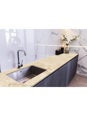 Sticker Art Tezgah Üstü Fayans Kaplama Folyosu Mutfak Tezgahı Kaplama Sarı Yeni Mermer 70 cm x 1 Metre