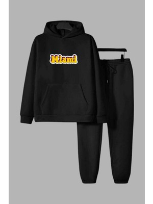 Unisex Siyah Kapüşonlu Sweatshirt ve Eşofman Altı Takımı Sarı Miami Baskılı