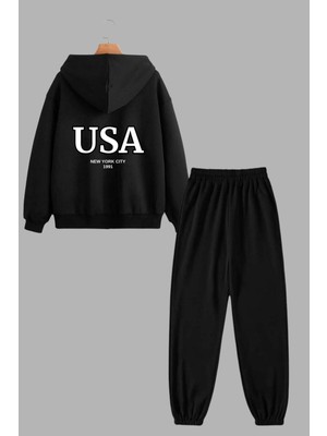 Unisex Siyah Kapüşonlu Sweatshirt Ceket ve Eşofman Altı Takım Usa New York City Baskılı