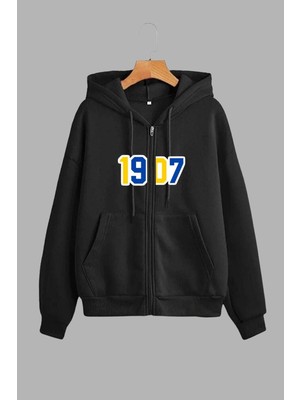 Unisex Siyah Kapüşonlu Sweatshirt Ceket ve Eşofman Altı Takım Fenerbahçe Baskılı