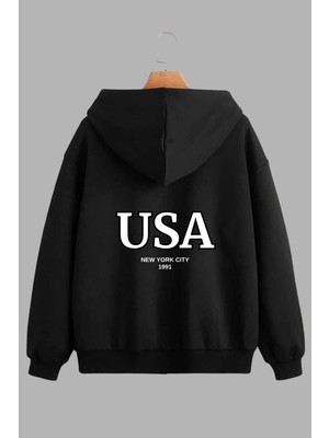 Unisex Siyah Kapüşonlu Sweatshirt Ceket ve Eşofman Altı Takım Usa New York City Baskılı