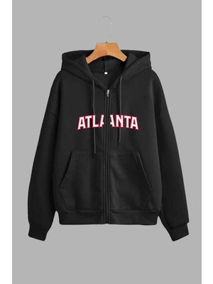 Unisex Siyah Kapüşonlu Sweatshirt Ceket Atlanta Baskılı