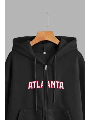 Unisex Siyah Kapüşonlu Sweatshirt Ceket Atlanta Baskılı