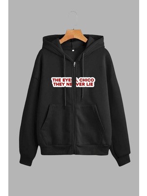 Unisex Siyah Kapüşonlu Sweatshirt Ceket Eyes Never Lie Chico Baskılı