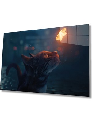 Miray Life Kedi ve Kelebek Soyut Cam Tablo Ev ve Ofis Duvar Dekoru
