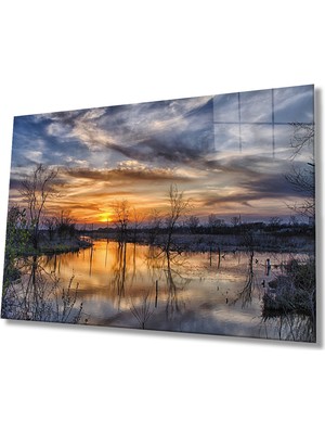 Miray Life Gün Batımı Manzarası Ağaçlar ve Yansıma Cam Tablo