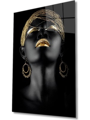 Miray Life Altın Saç Dudak ve Göz Makyajlı Afrikalı Kadın Cam Tablo