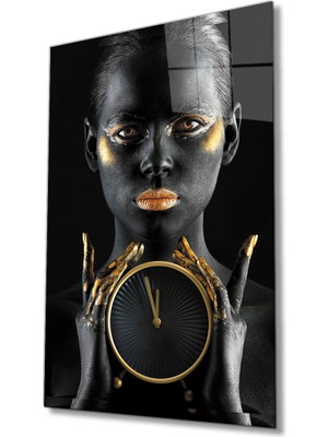 Miray Life Siyah Altın Boyalı Saatli Kadın Cam Tablo