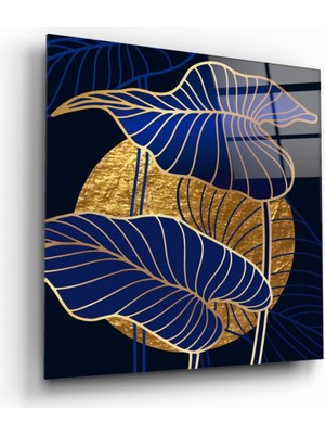 Miray Life Mavi Gold Çiçekler Cam Tablo