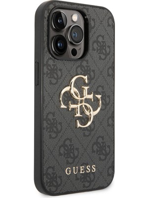 Guess iPhone 15 Pro Max Uyumlu Kılıf Guess Orjinal Lisanslı Pu Deri Yazı ve 4g Metal Logolu Desenli Gri