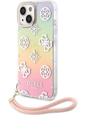 Guess iPhone 15 Plus Kılıf Guess Orjinal Lisanslı Yazı Logolu Askı Ipli Holografik Glitter Peony Pembe