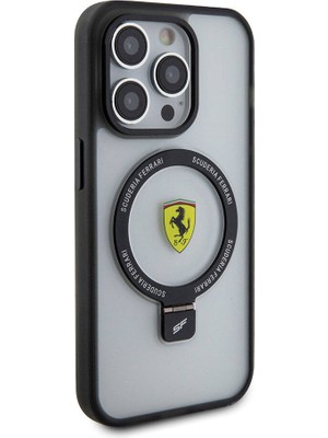 iPhone 15 Pro Max Kılıf Ferrari Magsafe Şarj Özellikli Standlı Buzlu Yüzey Dizayn Transparan Siyah