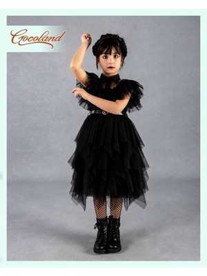 Gocoland Siyah Renk Abiye Gece Elbisesi Kız Çocuk İçin Fırfırlı Kısa Kol Tasarım