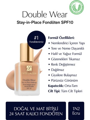 Estee Lauder Doğal ve Mat Bitişli - Double Wear Stay-in-Place Fondöten SPF 10 ( 1N2 Ecru ) - 30 ml