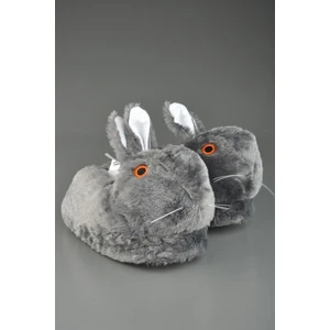 Sevimli Tavşan Figürlü Peluş Panduf Gri