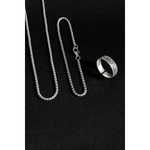 Trend Collection Antik Piramit Üçgen Kesim Gümüş Kaplama Ayarlanabilir Erkek Alyans Yüzük Kolye ve Bileklik Set