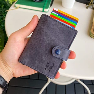 Orlando - Hakiki Deri Rfid Korumalı Mekanizmalı Lacivert Erkek Akıllı Kartlık Cüzdan