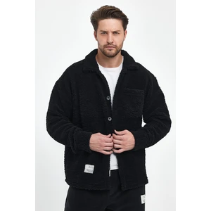 The Rule Erkek Siyah Peluş Oversize Fit Gömlek Yaka Kışlık Rahat Tek Cepli Ceket RF0457