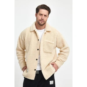 The Rule Erkek Bej Peluş Oversize Fit Gömlek Yaka Kışlık Rahat Tek Cepli Ceket RF0457