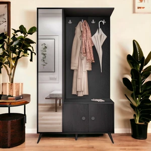Robin Home Aynalı Vestiyer Portmanto Ayakkabılık Ahşap Ayak Siyah AR65
