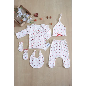 Kız Bebek Beyaz Kalpli Lüks Süslü 5 Li Hastane Çıkışı Yenidoğan Set STL6398