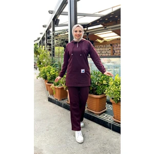 Kapşonlu Çıtçıtlı Sade Basic Ikili Eşofman Spor Takımı - 3036 - Mürdüm
