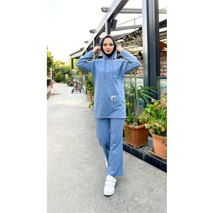 Kapşonlu Çıtçıtlı Sade Basic Ikili Eşofman Spor Takımı - 3036 - Mavi