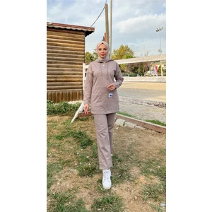 Kapşonlu Çıtçıtlı Sade Basic Ikili Eşofman Spor Takımı - 3036 - Vizon