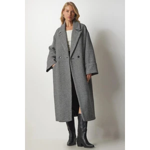 Kadın Gri Yünlü  Düğmeli Çift Cepli Astarlı Geniş Kalıp Kaban HZL24W-BD191131