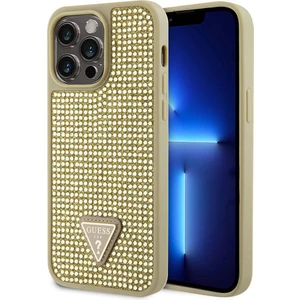 iPhone 15 Pro Max Uyumlu Kılıf Guess Orjinal Lisanslı Taşlı Arka Yüzey Üçgen Logolu Kapak Gold