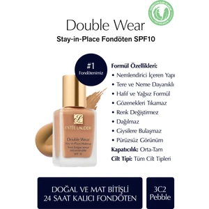 Estee Lauder Doğal ve Mat Bitişli - Double Wear Stay-in-Place Fondöten SPF 10 ( 3C2 Pebble ) - 30 ml