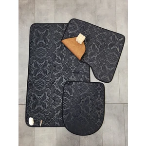 Bonny Home Ultrasoft Siyah Deri Tabanlı, Su Emici ve Kaymaz Modern Desenli 3'lü Banyo ve Klozet Paspas Takımı