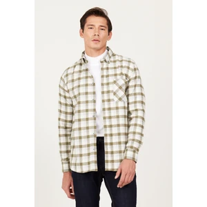 Altınyıldız Classics Erkek Haki-gri Slim Fit Dar Kesim Düğmeli Yaka Sıcak Tutan Kareli Kışlık Flanel Oduncu Gömlek