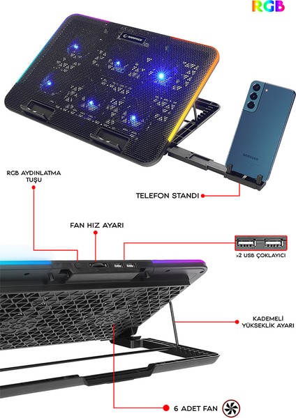 Sıxpower R9 6 Fan Rgb Işıklı Telefon Tutuculu USB Çoklayıcı Notebook Soğutucu Stand